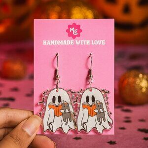 Cute Reading Ghost Earrings with Cat — Halloween Book Lover Dangles